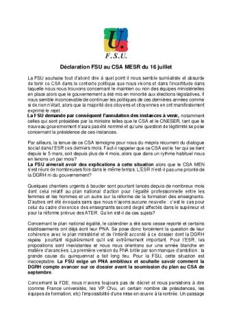 Déclaration FSU au CSA MESR du 16 juillet 2024