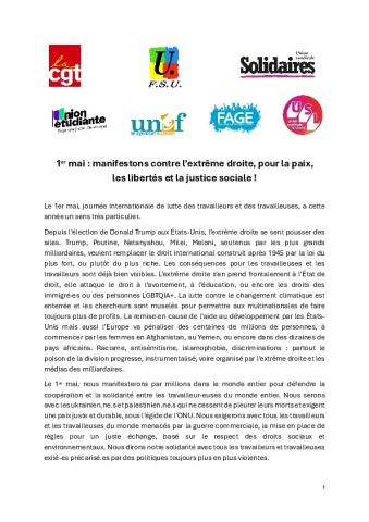 1er mai : manifestons contre l’extrême droite, pour la paix, les libertés et la justice sociale ! - Communiqué intersyndical du 11 avril 2025