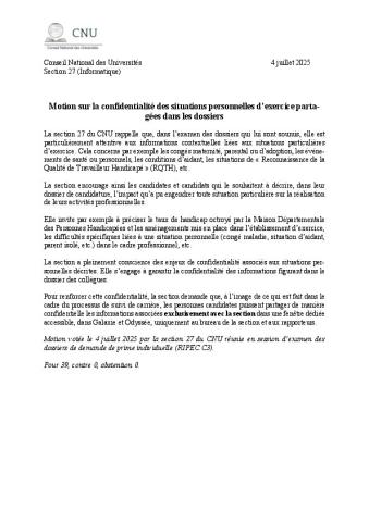 Motion sur la confidentialité des situations personnelles d’exercice parta- gées dans les dossiers