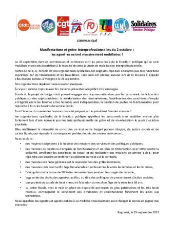 Manifestations et grève interprofessionnelles du 2 octobre : les agent·es seront massivement mobilisé·es ! - Communiqué intersyndical du 25 septembre 2026