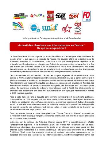 Accueil des chercheur·ses internationaux en France : De qui se moque-t-on ? Communiqué de presse du 5 mai 2025