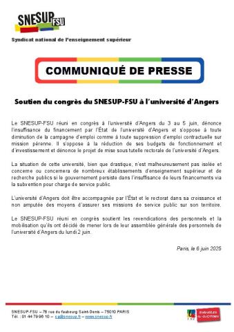 Soutien du congrès du SNESUP-FSU à l’université d’Angers - Communiqué de presse du 6 juin 2025