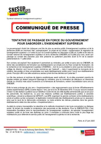 Tentative de passage en force du gouvernement pour saborder l'enseignement supérieur - Communiqué de presse du 27 juin 2025