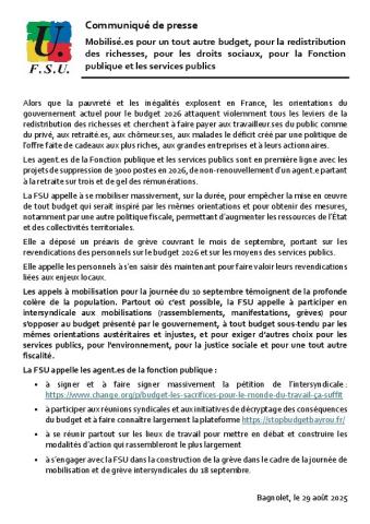 Mobilisé·es pour un tout autre budget... - Communiqué de presse FSU du 29 août 2025