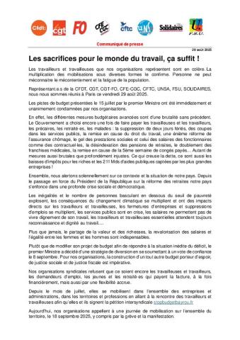 Les sacrifices pour le monde du travail, ça suffit ! - Communiqué de presse intersyndical du 29 août 2025