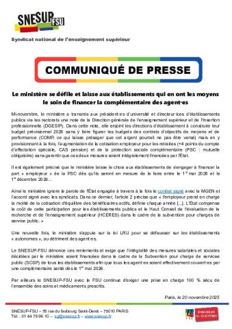 Le ministère se défile et laisse aux établissements qui en ont les moyens le soin de financer la complémentaire des agent·es - Communiqué de presse du 20 novembre 2025