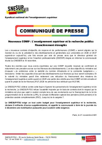 Nouveaux COMP : L’enseignement supérieur et la recherche publics financièrement étranglés - Communiqué de presse du 21 novembre 2025