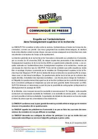 Enquête sur l'antisémitisme dans l'ESR - Communiqué du 23 novembre 2025