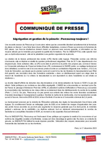 Ségrégation et gestion de la pénurie : Parcoursup toujours ! - Communiqué SNESUP-FSU du 17 décembre 2025