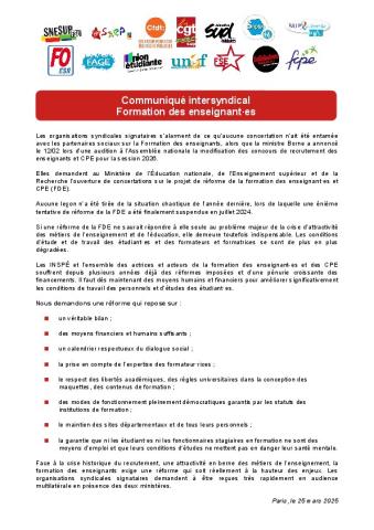 Communiqué intersyndical du 25 mars 2025 sur la formation des enseignant-es 