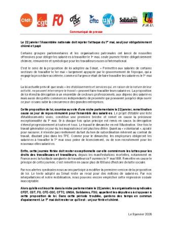 Le 22 janvier l’Assemblée nationale doit rejeter l’attaque du 1er mai, seul jour obligatoirement chômé et payé - Communiqué interfédéral du 9 janvier 2026