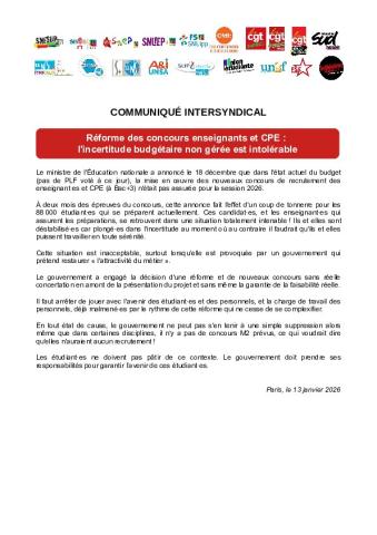 Réforme des concours enseignants et CPE :  l'incertitude budgétaire non gérée est intolérable - Communiqué de presse du 13 janvier 2026