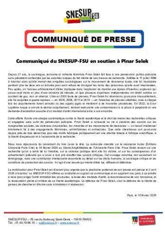 Soutien à Pinar Selek - Communiqué de presse du SNESUP-FSU du 16 février 2026
