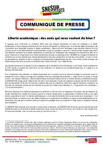 Liberté académique : des amis qui nous veulent du bien ? - Communiqué de presse du SNESUP-FSU du 20 février 2026