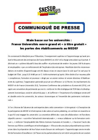 Main basse sur les universités : France Universités ouvre grand et « à titre gratuit » les portes des établissements au MEDEF - Communiqué de presse du SNESUP-FSU du 5 mars 2026