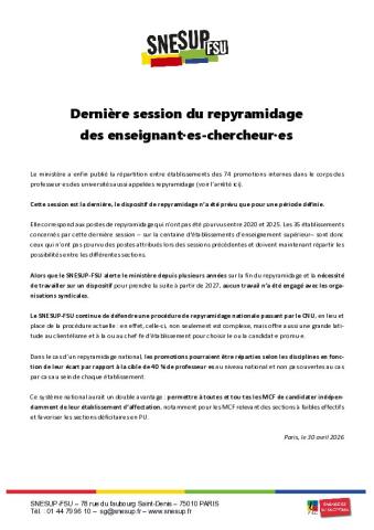 Dernière session du repyramidage des enseignant·es-chercheur·es - Déclaration du SNESUP-FSU du 30 avril 2026