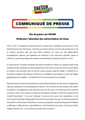 Pas de pause sur PAUSE - Refusons l’abandon des universitaires de Gaza - Communiqué de presse du 7 juillet 2026
