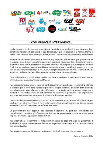 Communiqué intersyndical de soutien à la mobilisation du 6 octobre - 2 octobre 2026
