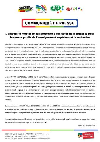 8 octobre : l'université mobilisée aux côtés de la jeunesse - Communiqué de presse SNESUP, SNASUB, SNCS, SNASUB-FSU du 7 octobre 2026 