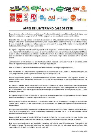 Appel de l'intersyndicale de l'ESR pour le rassemblement du 13 octobre 2026