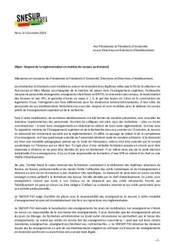 Réglementation en matière de recours au distanciel - Courrier aux président-es d'université et directeurs-trices d'établissement du 13 octobre 2026