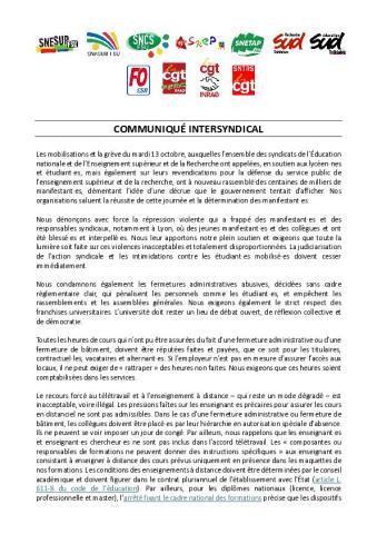 Communiqué intersyndical du 16 octobre 2026