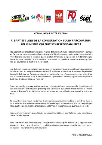 P. Baptiste lors de la concertation flash Parcoursup : un ministre qui fuit ses responsabilités ! - Communiqué intersyndical du 21 octobre 2026