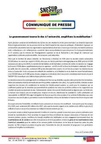 Le gouvernement tourne le dos à l’université, amplifions la mobilisation ! - Communiqué de presse du 27 octobre 2026