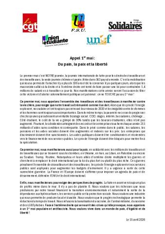 Appel 1er mai : Du pain, la paix et la liberté
