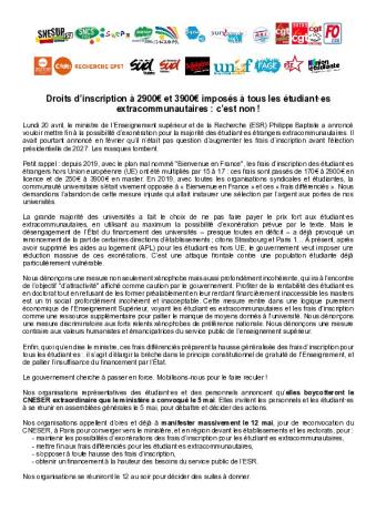 Droits d’inscription à 2900 € et 3900 € imposés à tous les étudiant·es extracommunautaires : c’est non ! - Communiqué intersyndical du 29 avril 2026