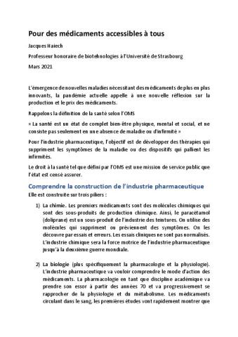 Pour des médicaments accessibles à tous, par Jacques Haiech, Professeur honoraire de biotechnologies à l’Université de Strasbourg - Mars 2021