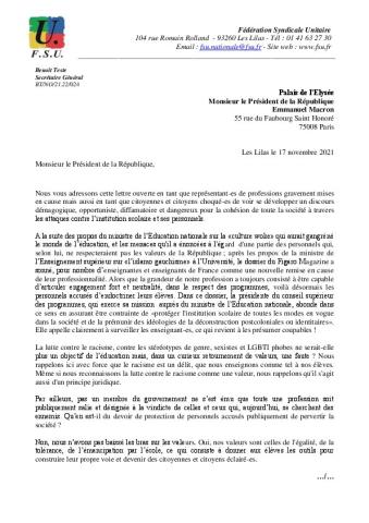 Lettre ouverte au Président de la République suite aux attaques successives contre les personnels de l'éducation -  Lettre de la FSU du 17 novembre 2021