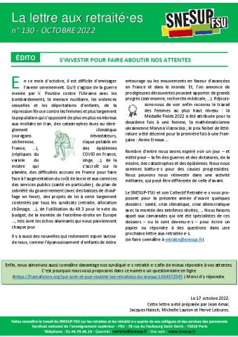 La lettre aux retraité.e.s n° 130 - Octobre 2022