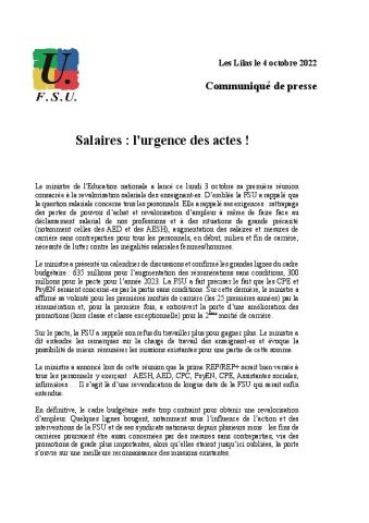  Salaires : l'urgence des actes ! - Communique de presse FSU du 4 octobre 2022