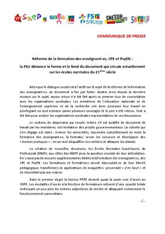 Réforme de la FDE, CPE et PsyEN : la FSU dénonce la forme et le fond du document qui circule actuellement sur les écoles normales du 21ième siècle - Communiqué intersyndical du 3 avril 2024