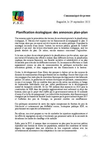 Planification écologique : des annonces plan-plan - Communiqué de presse FSU du 29 septembre 2023