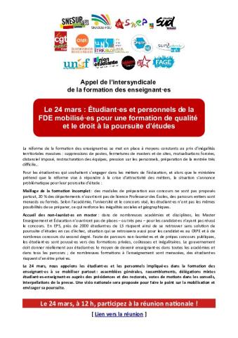 Le 24 mars : Étudiant·es et personnels de la FDE mobilisé·es pour une formation de qualité et le droit à la poursuite d’études - Communiqué intersyndical du 19 mars