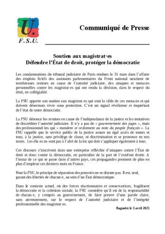 Soutien aux magistrats - Communiqué FSU du 3 avril 2023