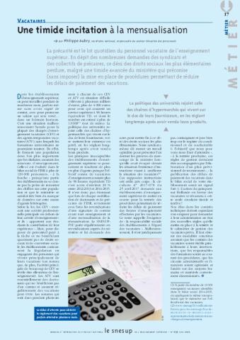 Vacataires : Une timide incitation à la mensualisation/N° 656 JUIN 2017