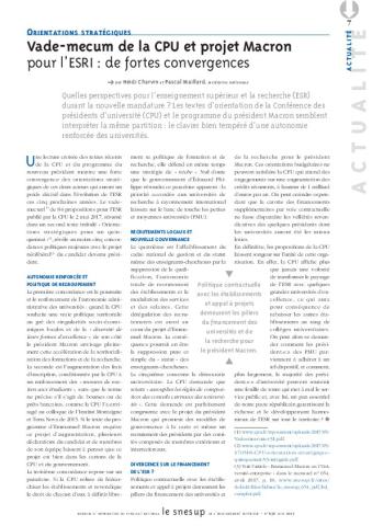 Vademecum de la CPU et projet Macron pour l'ESRI : de fortes convergences/N° 656 JUIN 2017