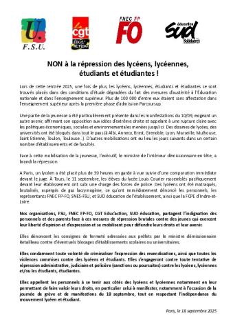 NON à la répression des lycéens, lycéennes, étudiants et étudiantes !