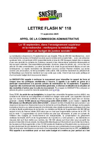 Le 18 septembre, dans l’ESR : renforçons la mobilisation pour un budget de justice sociale ! - Appel de la commission administrative du 11 septembre 2025 - Lettre flash n°118