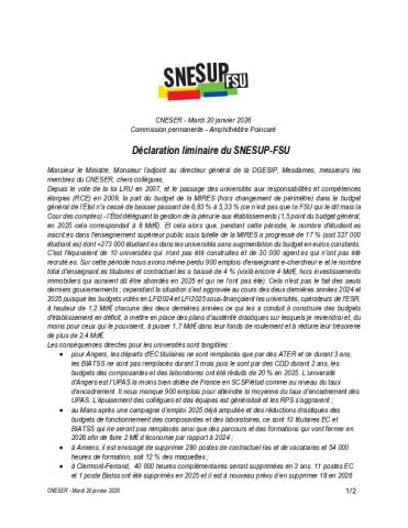 Déclaration liminaire du SNESUP-FSU au CNESER du 20 janvier 2026