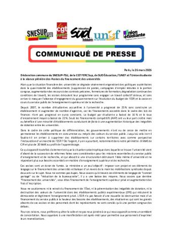 Déclaration intersyndicale à la séance plénière des Assises du financement des universités - Communiqué du 26 mars 2026