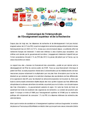 Communiqué de l'intersyndicale de l'ESR du 21 juillet 2026