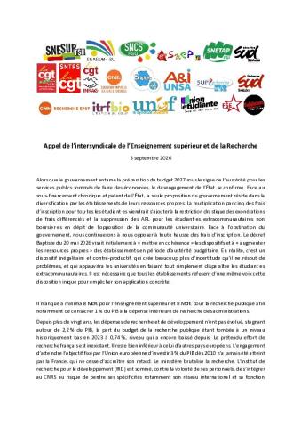Appel de l’intersyndicale de l’Enseignement supérieur et de la Recherche du 3 septembre 2026