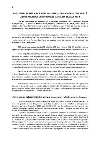 CDD, temps partiels, horaires variables, les femmes en ont assez !  Abrogation des ordonnances sur la loi travail XXL !