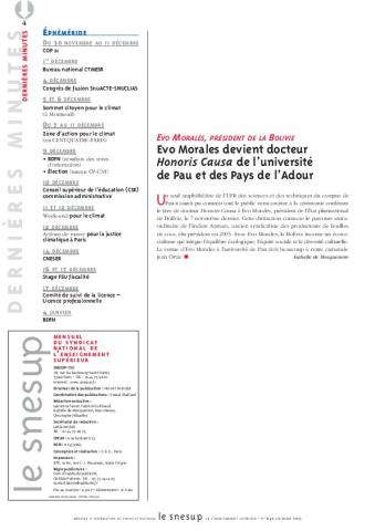 EVO MORALES, PRÉSIDENT DE LA BOLIVIE : Evo Morales devient docteur Honoris Causa de l’université de Pau et des Pays de l’Adour - Isabelle de Mecquenem - N° 640 DECEMBRE 2015