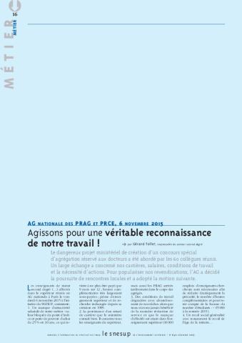 AG NATIONALE DES PRAG ET PRCE, 6 NOVEMBRE 2015 : Agissons pour une véritable reconnaissance de notre travail ! - Gérard Tollet - N° 640 DECEMBRE 2015
