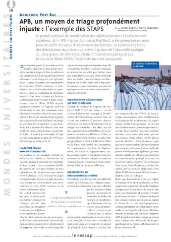 ADMISSION POST BAC APB, un moyen de triage profondément injuste : l’exemple des STAPS - Anne Roger et Pierre Chantelot - N° 640 DECEMBRE 2015